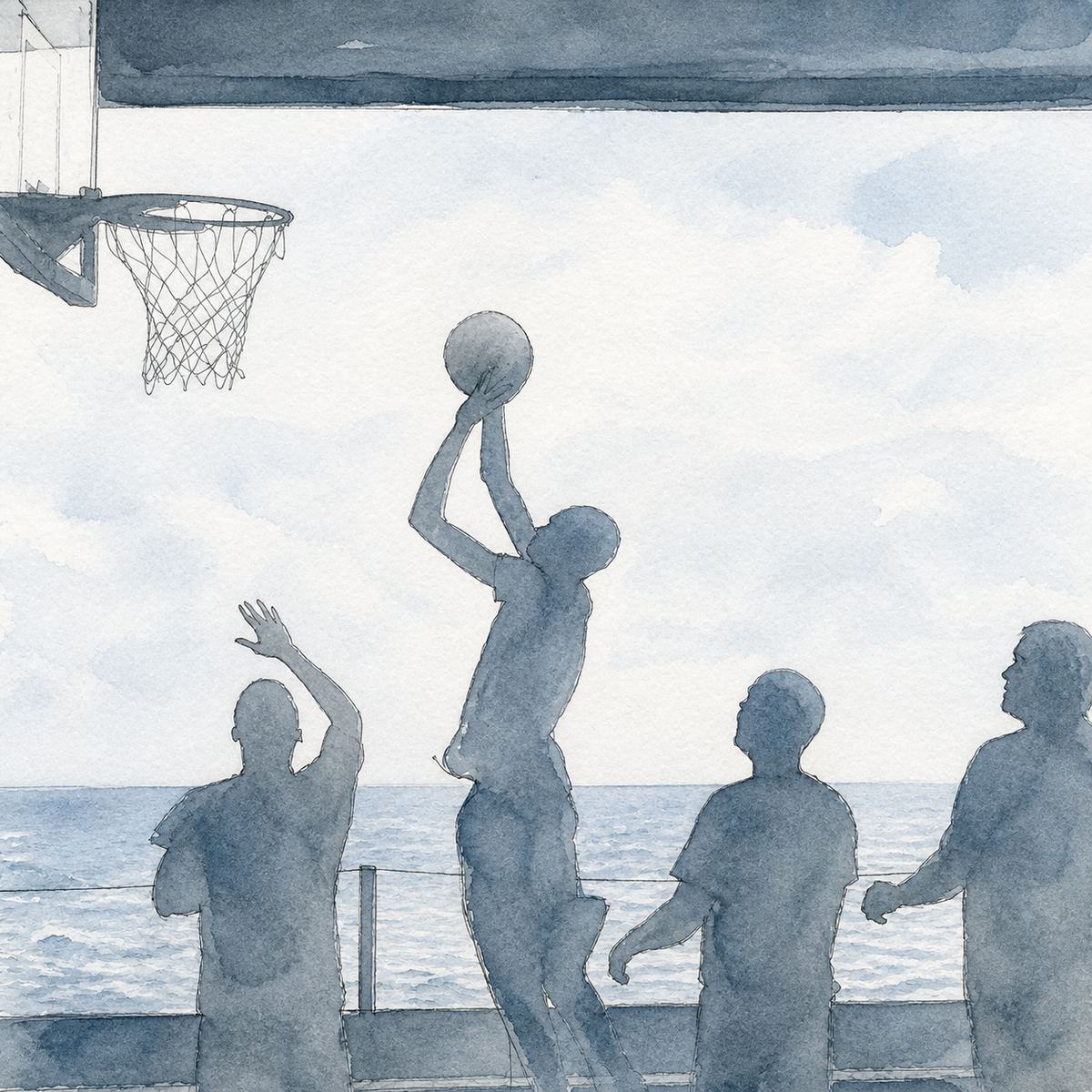 Equipo jugando básquetbol, ilustrado en acuarela